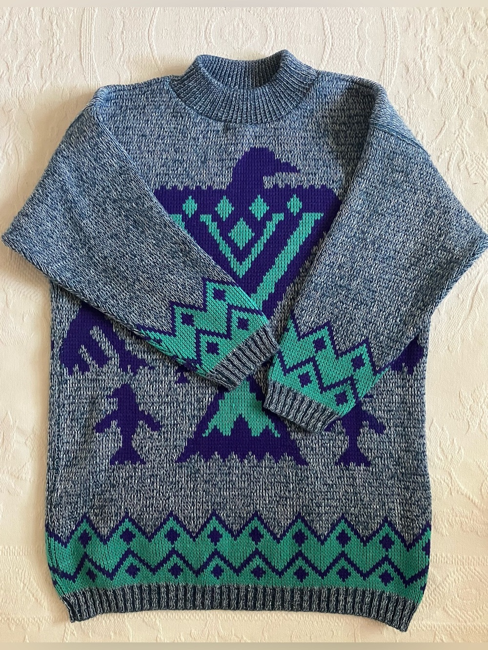 Vintage | Patterned Sweater | Mock Neck | Gray/Purple/Teal | M